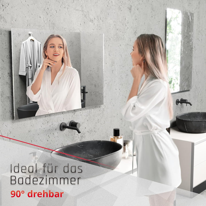 bijon Badezimmer-Spiegel ohne Rahmen, Hochglanzpolierte Kanten, Bad-Spiegel mit Befestigungsset, 90°