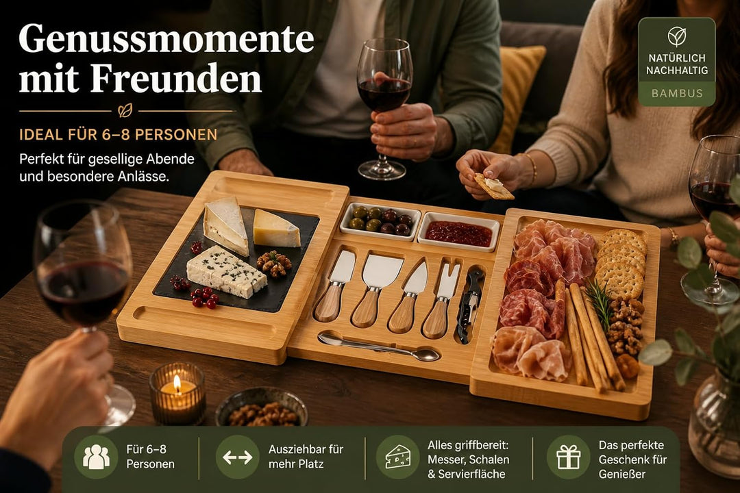 KKalyan Käsebrett Set aus Bambus – Ausziehbar auf 68 cm | Servierbrett mit Schieferplatte, 4 Käsemes