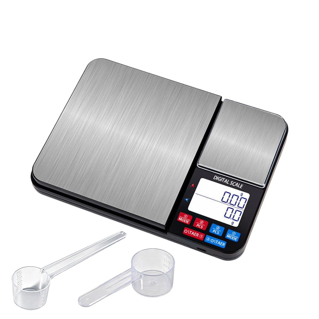 Küchenwaage Digital, Doppelwaage feinwaage 5 kg/1 g und 500 g/0,01 g grammwaage, 7 Masseinheiten, Zä