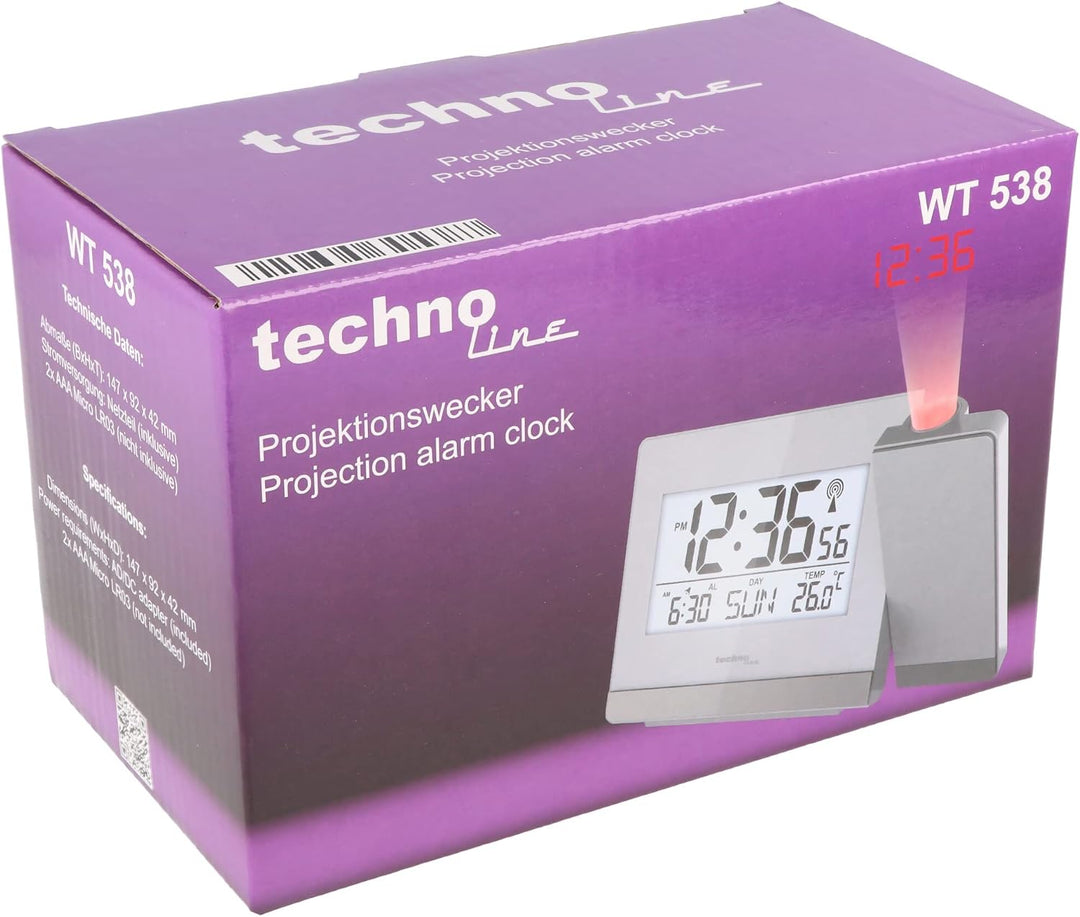 Technoline WT 538 Touchsensor Funk-Projektionswecker, Plastik, silber-anthrazit, 15 x 4 x 9 cm, Silb