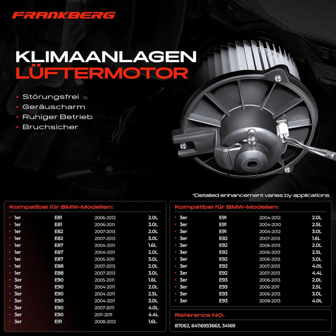 Frankberg Heizungsgebläse Gebläsemotor Kompatibel mit 1er E81 E82 E87 E88 1.6L-3.0L 2004-2012 3er/3e