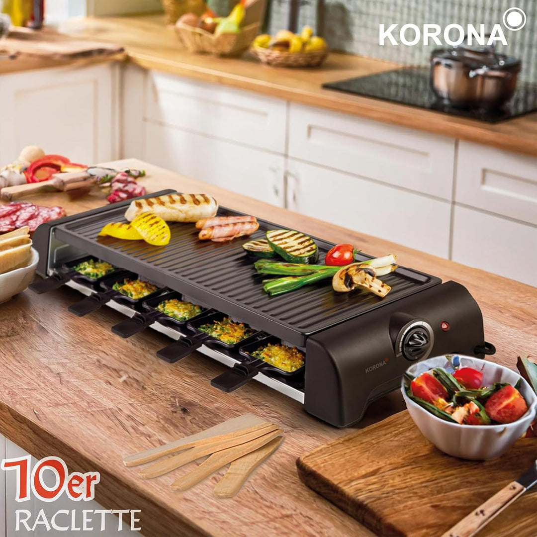 Korona 45060 Raclette für 10 Personen | XXL-Raclette mit 10 Pfannen & Holzspateln | Antihaftbeschich