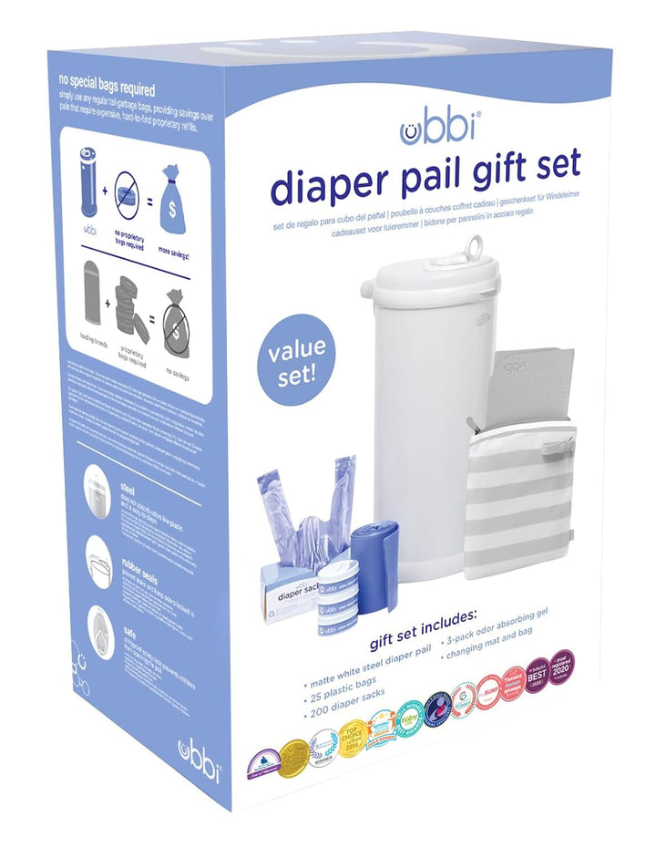 Ubbi Nappy Changing Value Gift Set, Baby Registry Gift, Includes Matte White Nappy Pail, Absorbing G