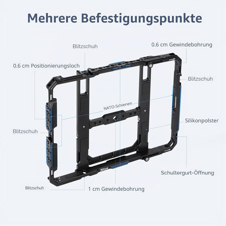Nitze iPad Cage für iPad/iPad Air/iPad Pro 9.7"/10.5"/11", iPad Cage mit Eingebautem Cold Shoe und M