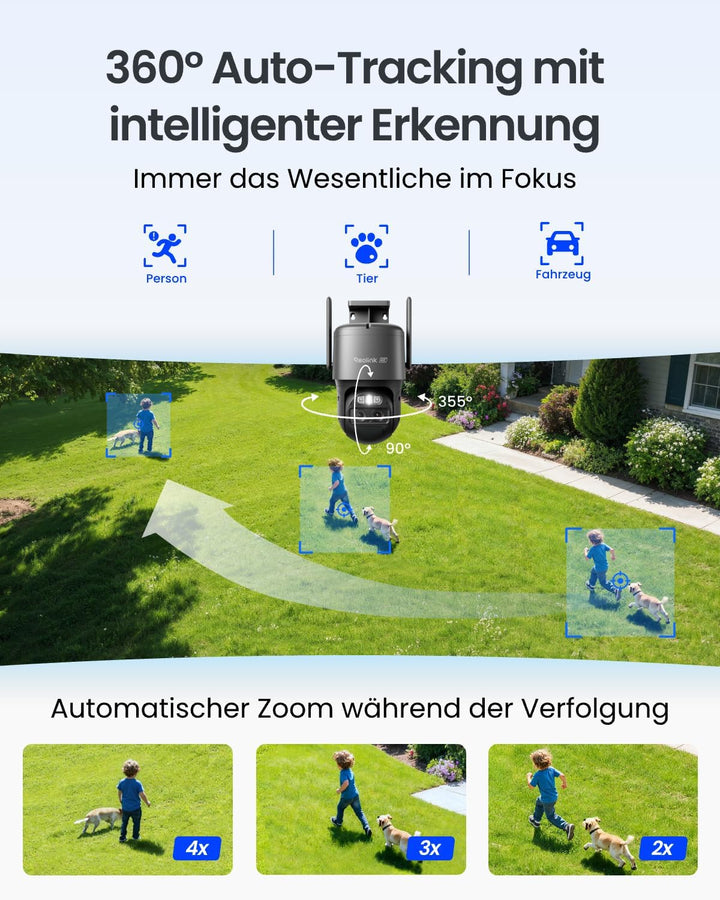 Reolink 4K PTZ Überwachungskamera Aussen Akku mit Auto-Tracking &amp; Auto-Zoom | Dual Lens, Dual-Band W