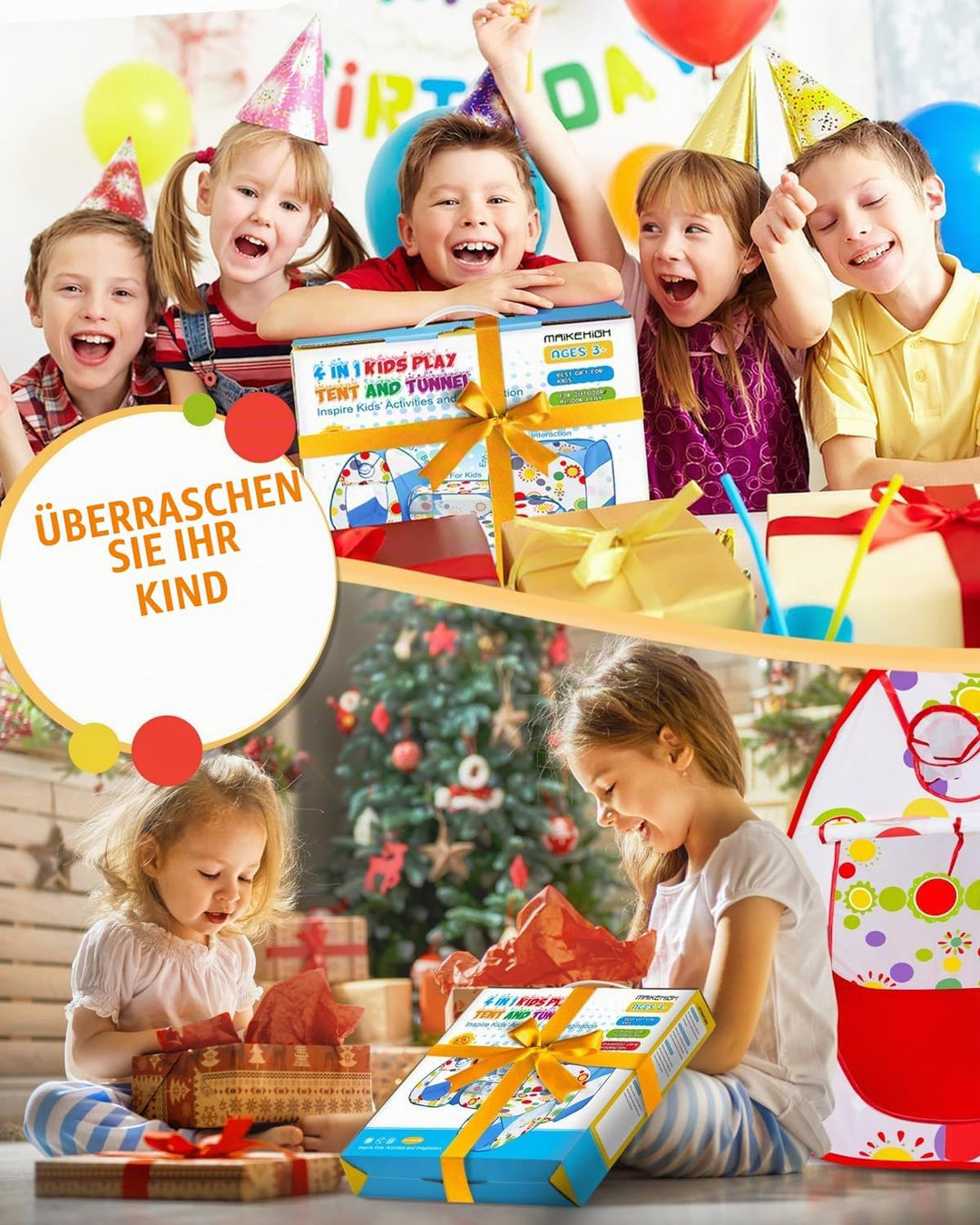 MAIKEHIGH 4 in 1 Kinder Spielzelt mit Tunnel, Pop Up Kinderzelt krabbeltunnel Baby Bällebad Zelt Fal