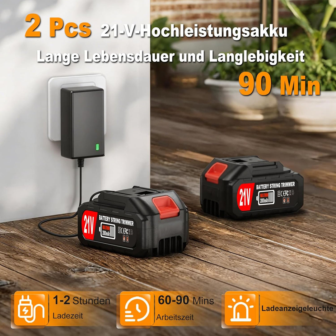 Akku-Rasentrimmer 21V Elektrischer Rasentrimmer - Motorsense akku Mit 2x2000mAh Batterie und 4 Messe