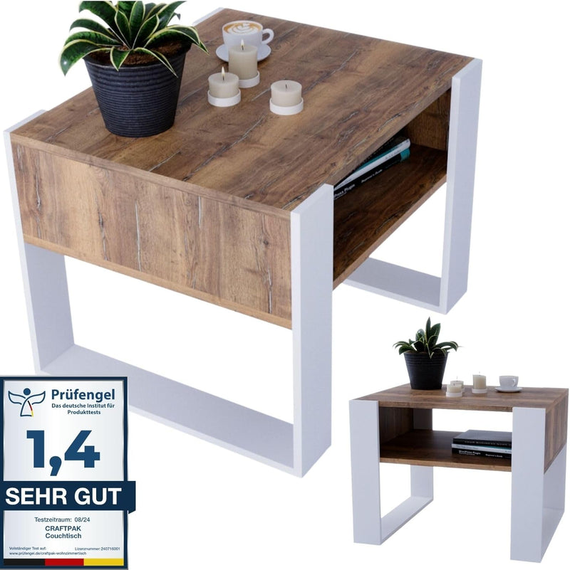 CraftPAK Wohnzimmer Tisch für Couch aus hochwertigem Holz, Stabiler & moderner Couchtisch mit zusätz