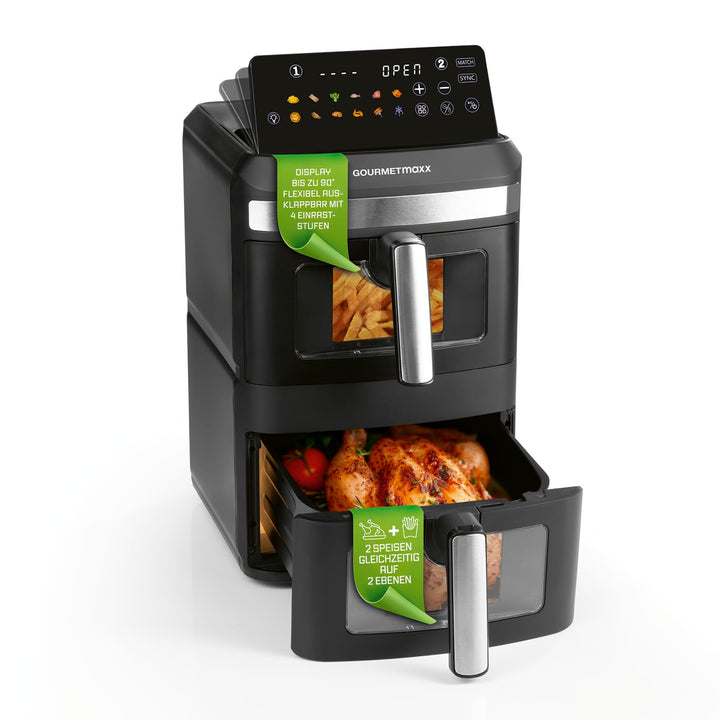 GOURMETmaxx FryUp XL vertikale Doppelkammer Heissluftfritteuse mit Sichtfenster - 12 L | Airfryer mi