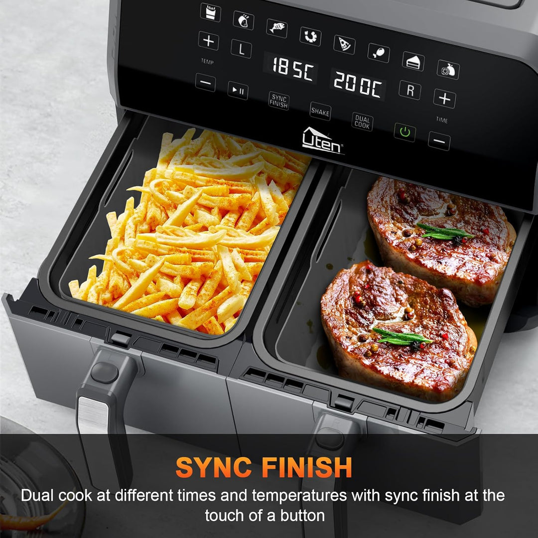 Uten Doppel Heissluftfritteuse, 8L Heissluftfritteuse Dual Zone, XXL Airfryer mit 2 Kammern, Silikon