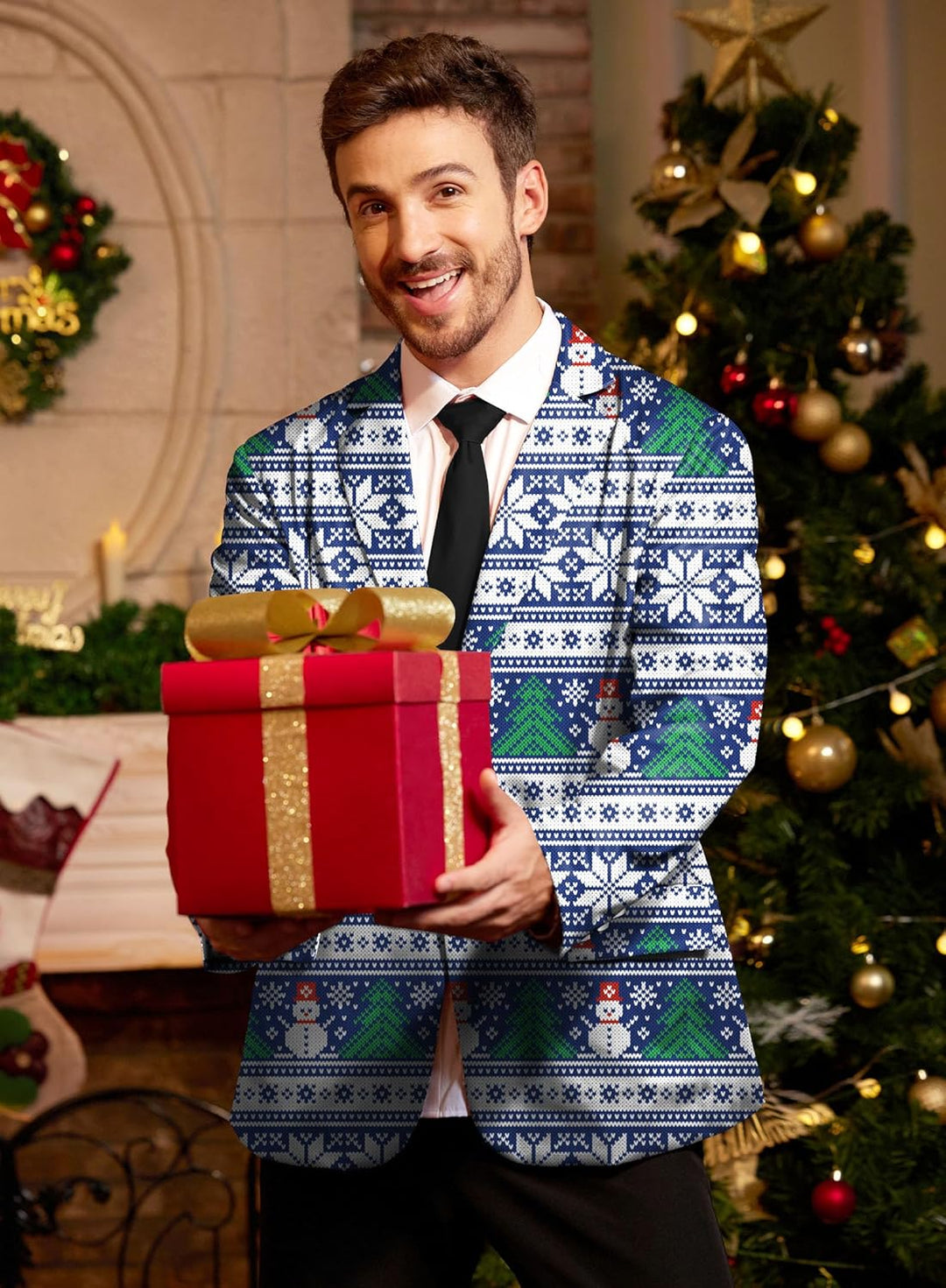 BesserBay Herren Weihnachtsblazer Bedruckte Langarm Anzugjacke Xmas Kostüm Blazer Slim Fit Blazer Fr