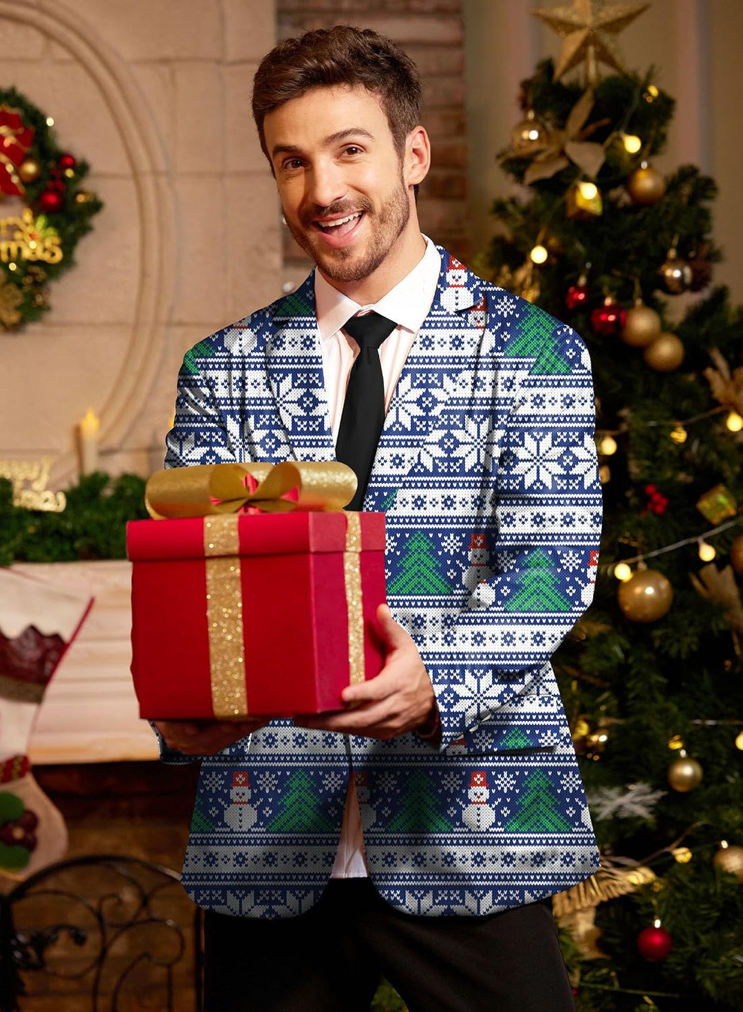 BesserBay Herren Weihnachtsblazer Bedruckte Langarm Anzugjacke Xmas Kostüm Blazer Slim Fit Blazer Fr