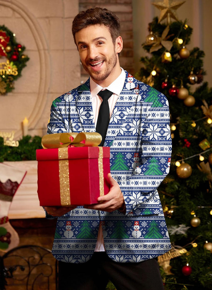 BesserBay Herren Weihnachtsblazer Bedruckte Langarm Anzugjacke Xmas Kostüm Blazer Slim Fit Blazer Fr