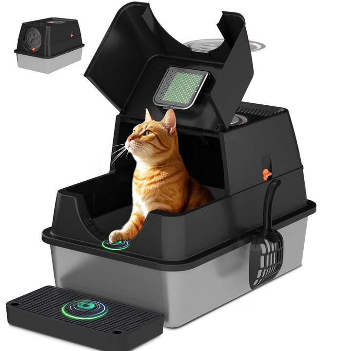 Katzenklo Edelstahl mit Deckel, XL Katzentoilette Geschlossen mit Schaufel, Zwei-Tür-Konfiguration,