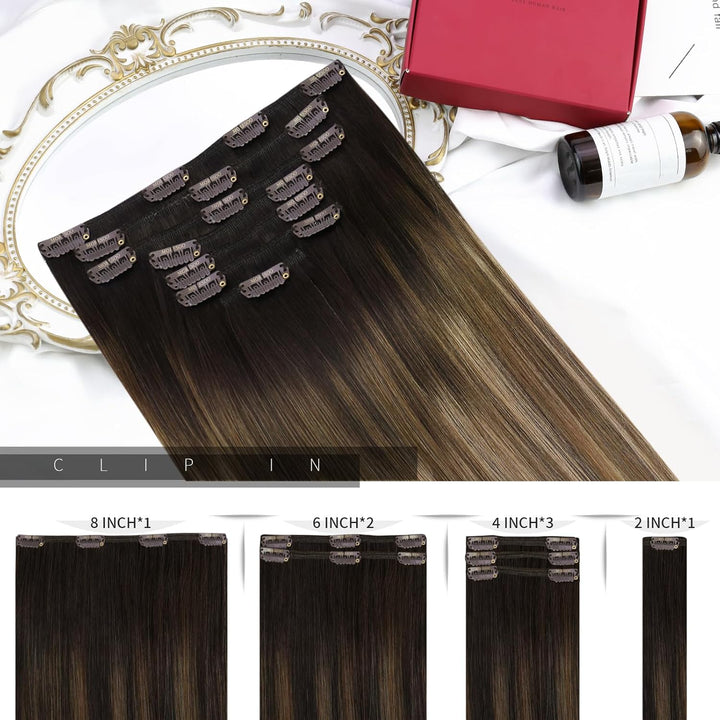 Moresoo Clip in Extensions Echthaar Balayage Braun mit Dunkelblond Remy Echthaar Extensions Clip 45c