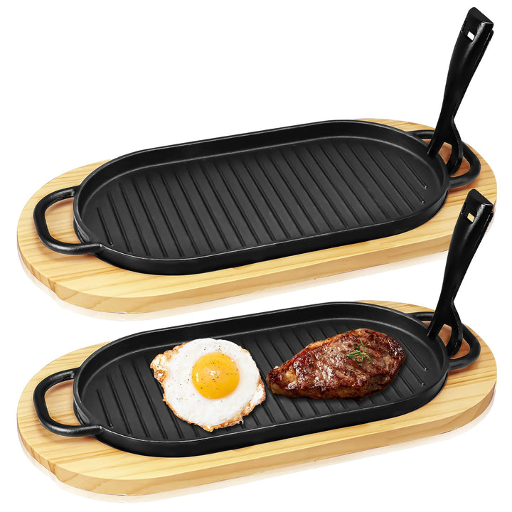 2er-Set Gusseisen Servierpfännchen mit Holzunterlage, 30 x 16 cm Oval Grillpfanne Serviergusseisen,