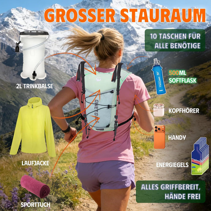 Laufweste Damen mit 2L TPU Trinkblase/500ml Trinkflasche, Leichter Trinkrucksack Laufen Herren 6L, R