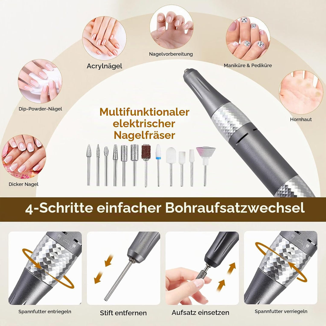 Elektrische Nagelfräse mit 45.000 U/min – LCD Display, 56 Schleifbänder, 11 Bohrer, USB-Ladestation,