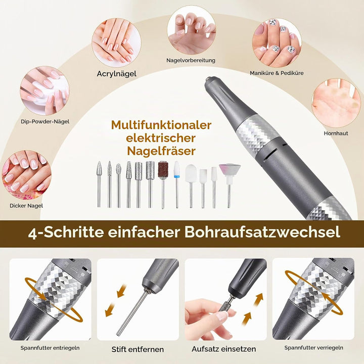 Elektrische Nagelfräse mit 45.000 U/min – LCD Display, 56 Schleifbänder, 11 Bohrer, USB-Ladestation,