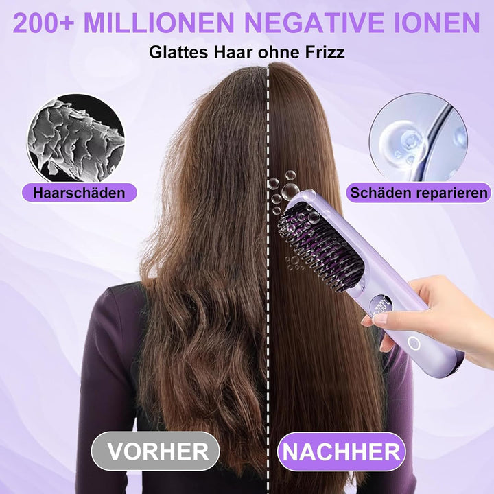 Kabellose Haarglätter Bürste - 3 Temperaturstufen, professionelle Keramikbeschichtung, Ionentechnolo