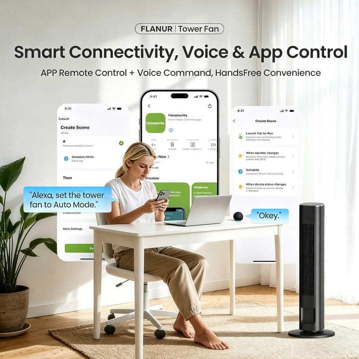 FLANUR Turmventilator, 23dB Ventilator Leise mit Kühlung,89cm WiFi Alexa Tower Fan mit Fernbedienung