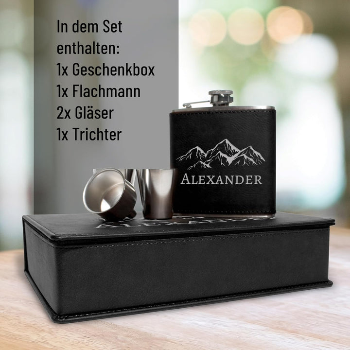 Flachmann Set personalisiert mit Gravur - Berge-Design mit deinem Namen - Edelstahl mit Kunstleder –