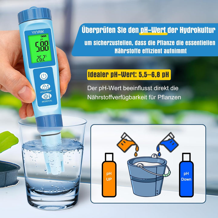 pH Messgerät Wasser, pH EC Messgerät Grow, TDS-Tester für Trinkwasser, YINMIK pH EC Messgerät für Hy