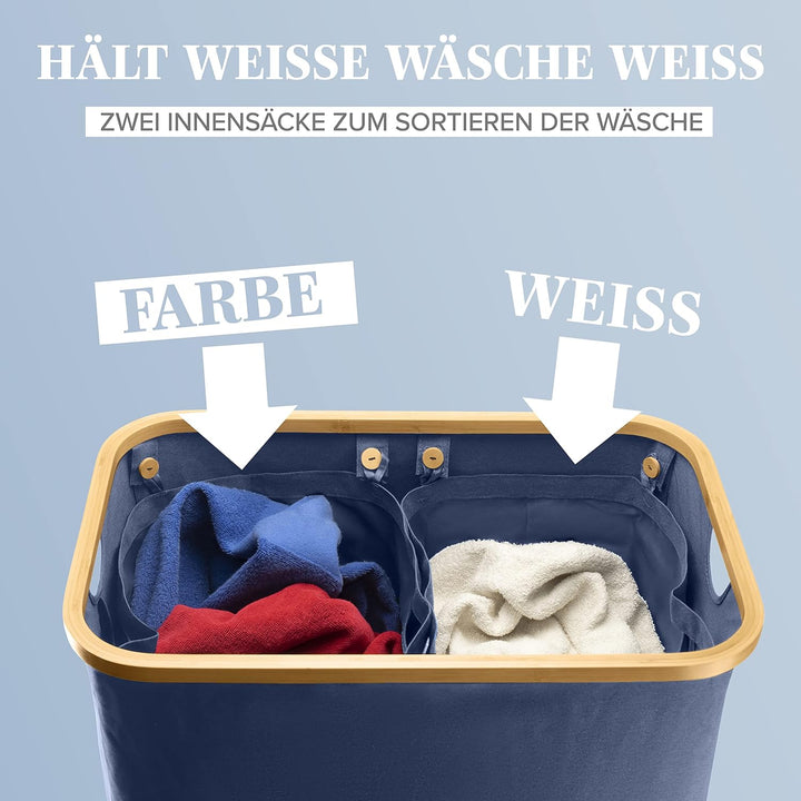 Lonbet - Doppelter Wäschekorb mit Deckel und zwei herausnehmbaren Wäschesäcken Blau – Extra grosser