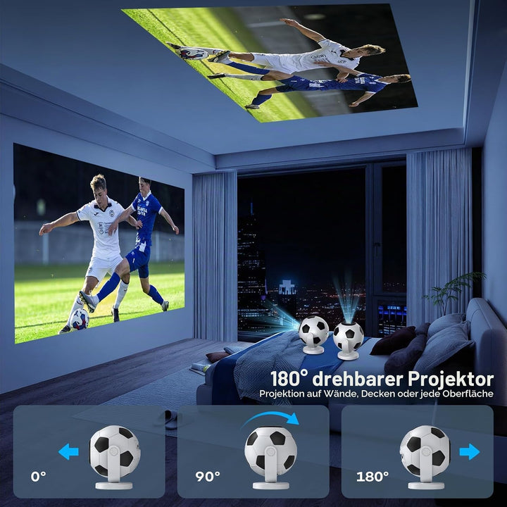 [Fussball-Beamer] Mini Beamer,Smart Projektor mit WiFi 6 und Bluetooth 5.4,Android 14,180°Dreh,Auto