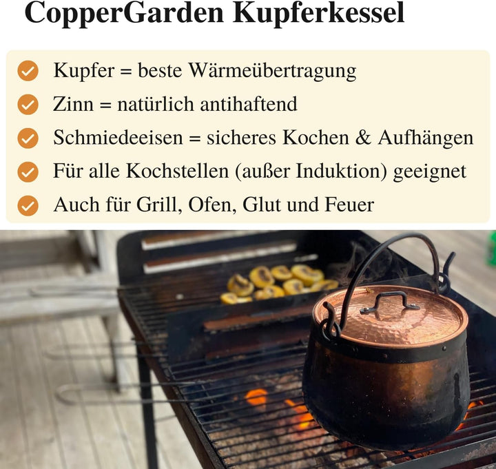 CopperGarden Kupferkessel 5 L mit Henkel I Robuster Kessel aus verzinntem Kupfer: Ideale Wärmeleitun