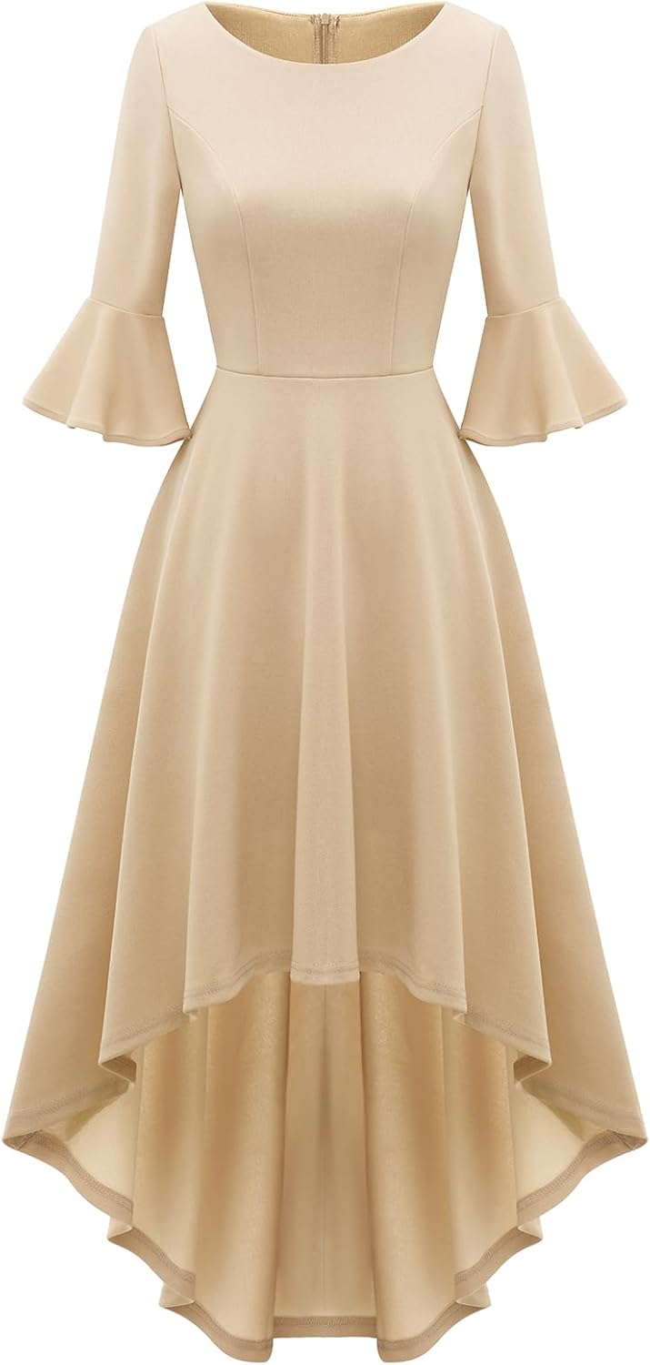 Gardenwed Festliches Kleid Damen 3/4 arm Flare Bell Sleeve Rundhals Kleider High-Low Cocktailkleider