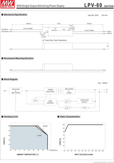 Mean Well LPV-100-5 LED-Trafo, 100 W, 5 V, 12 A, wasserdicht, Wechselstrom - Gleichstrom, LPV-100-5