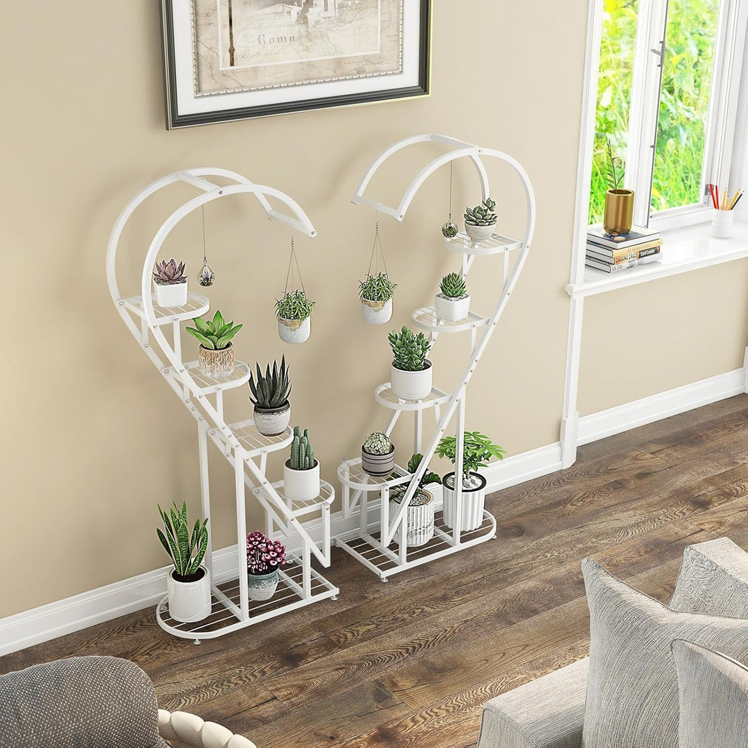 RELAX4LIFE 5-stufiger Pflanzenständer Metall, Blumentreppe Herzförmig, Pflanzenregal mit 4 Haken, Bl