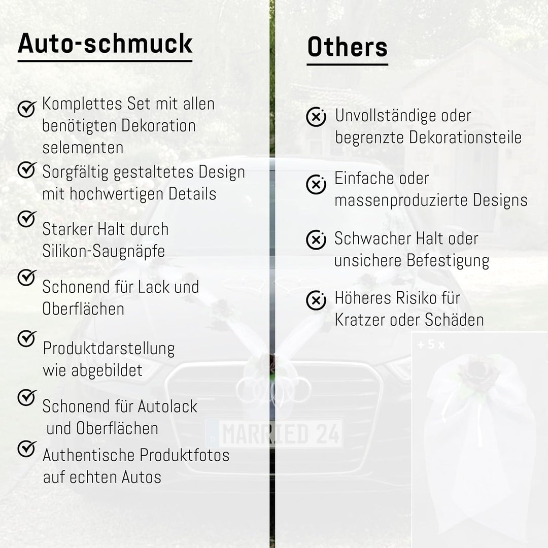 Organza M + Schleife Auto Schmuck Braut Paar Rose Deko Dekoration Autoschmuck Hochzeit Car Auto Wedd