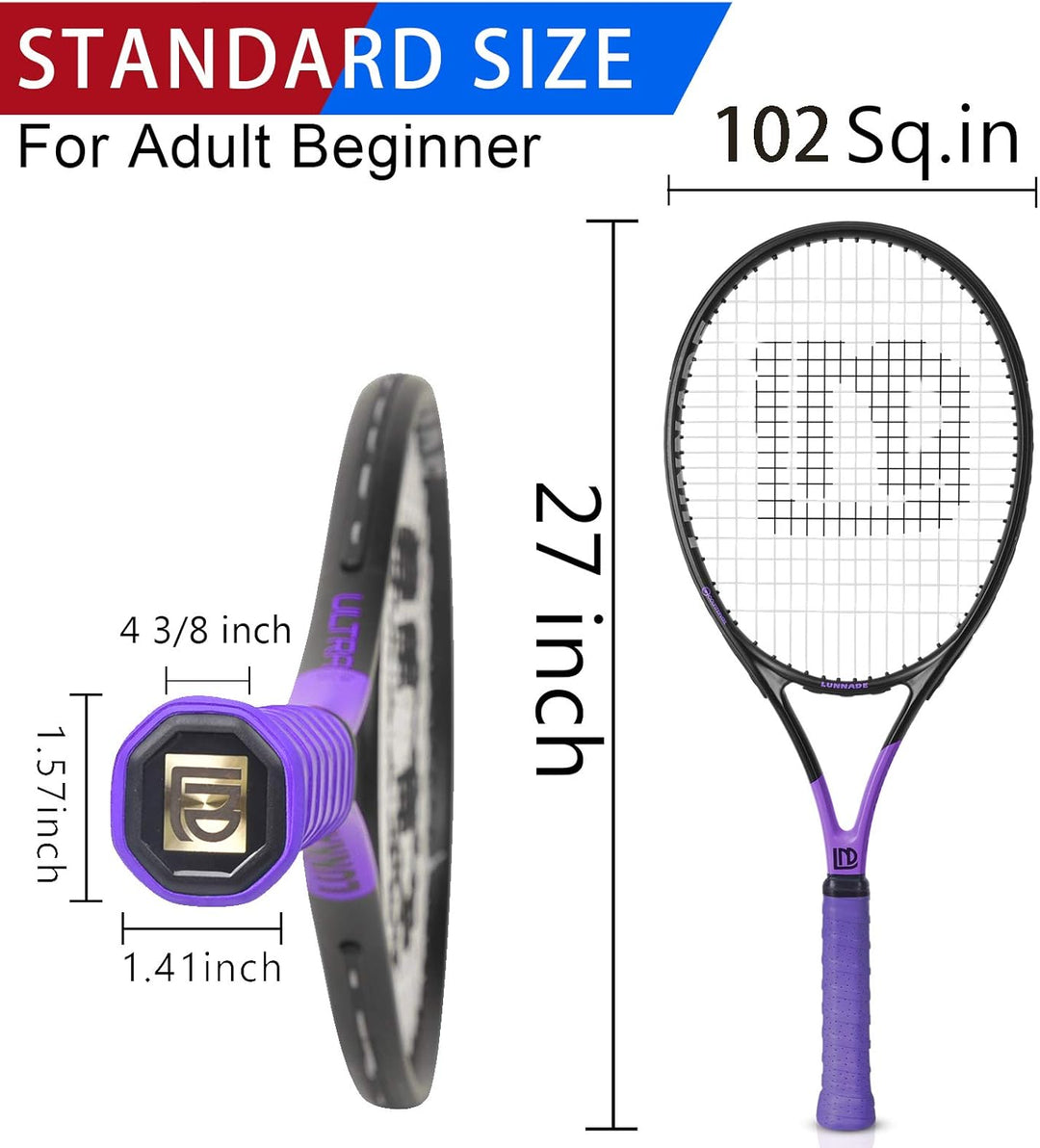 LUNNADE Tennisschläger für Erwachsene, 27 Zoll Leicht Tennisschläger mit Hülle, Geeignet für Damen H