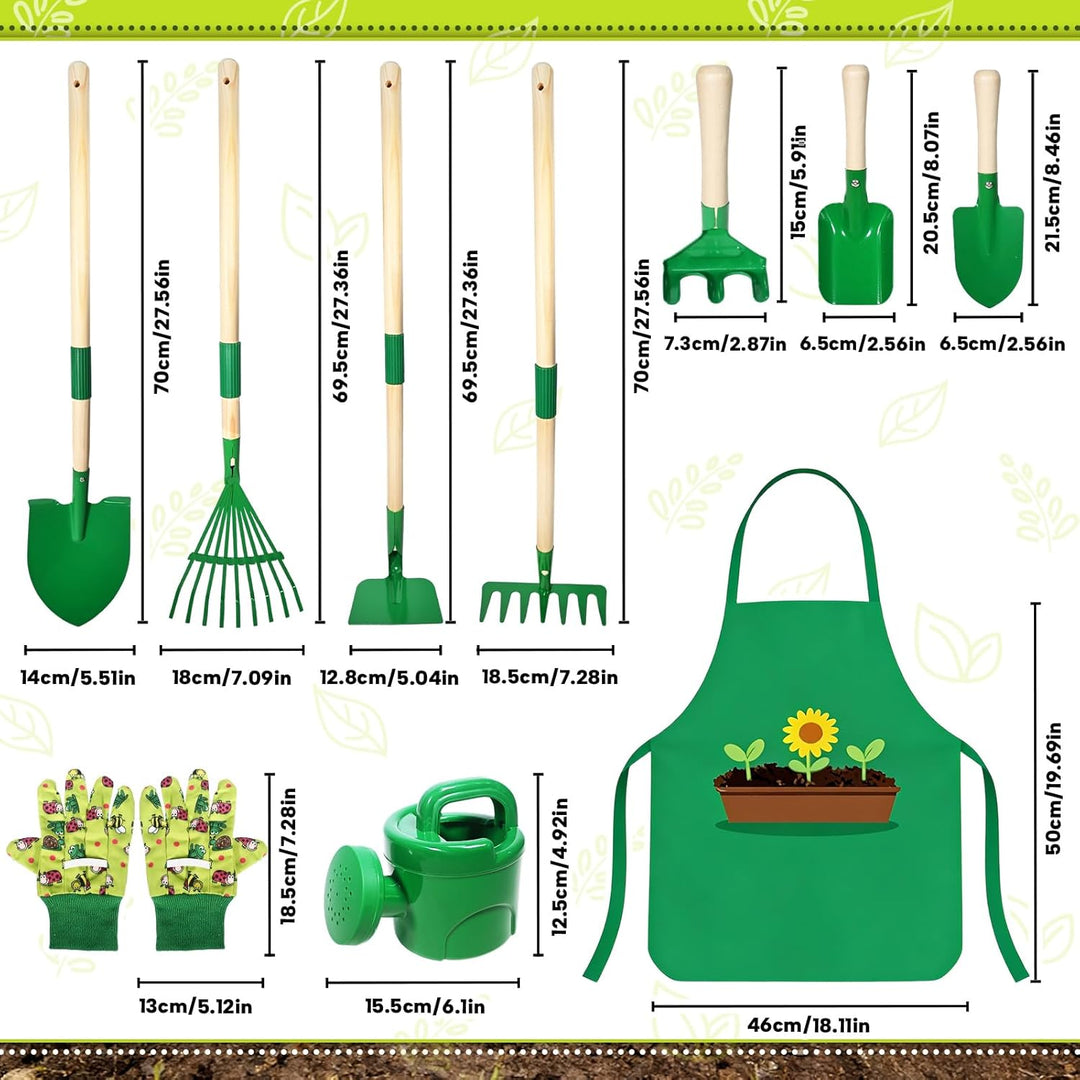 10 Stück Kinder Gartenwerkzeug Set, Metall Gartenwerkzeug Set mit Schaufel, Rechen, Gabel, Arbeitsha