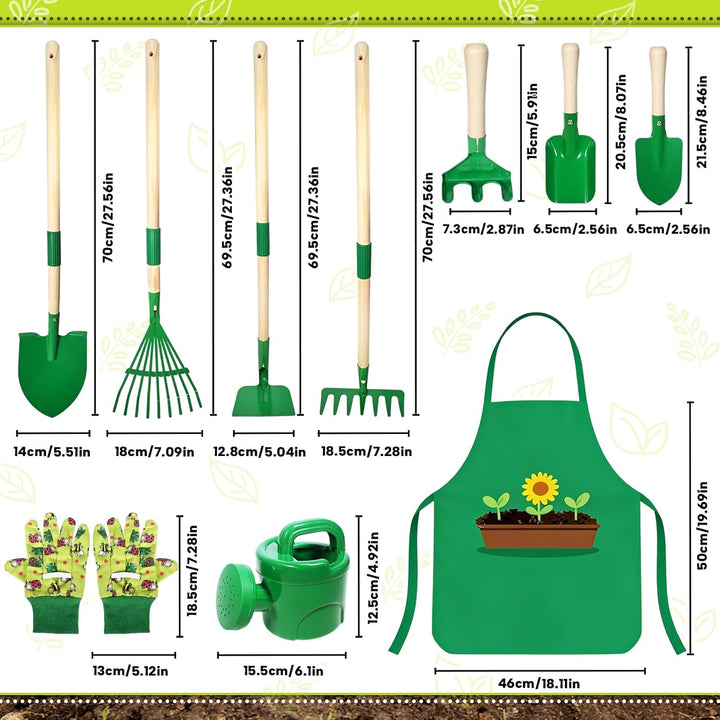 10 Stück Kinder Gartenwerkzeug Set, Metall Gartenwerkzeug Set mit Schaufel, Rechen, Gabel, Arbeitsha