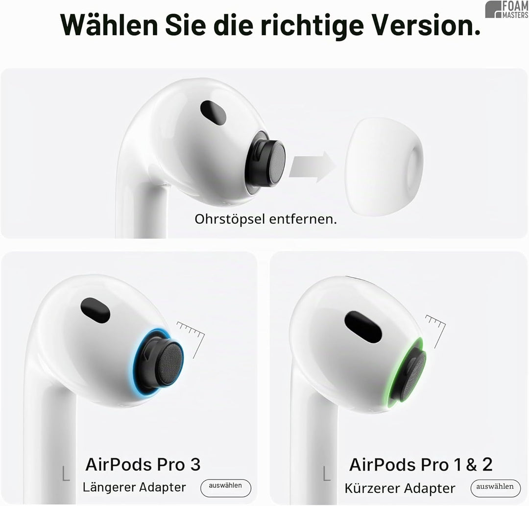 Foam Masters Ohrstöpsel aus Memory-Schaum für AirPods Pro 1. und 2. Generation, 3 Paar, neue Version