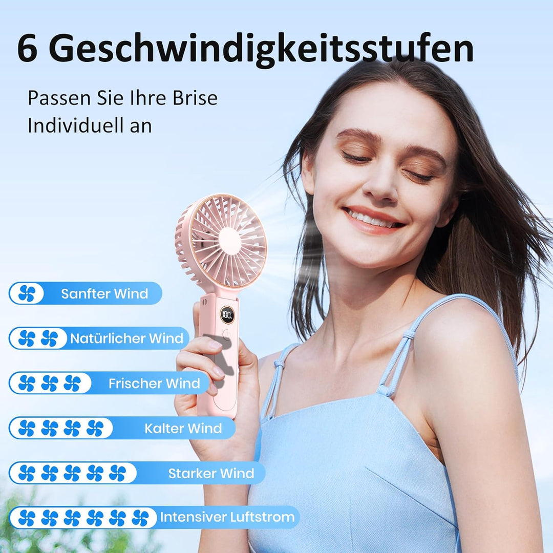 Rintea Handventilator, Tragbarer Mini Ventilator mit 6 Geschwindigkeiten, Faltbarer USB Ventilator,