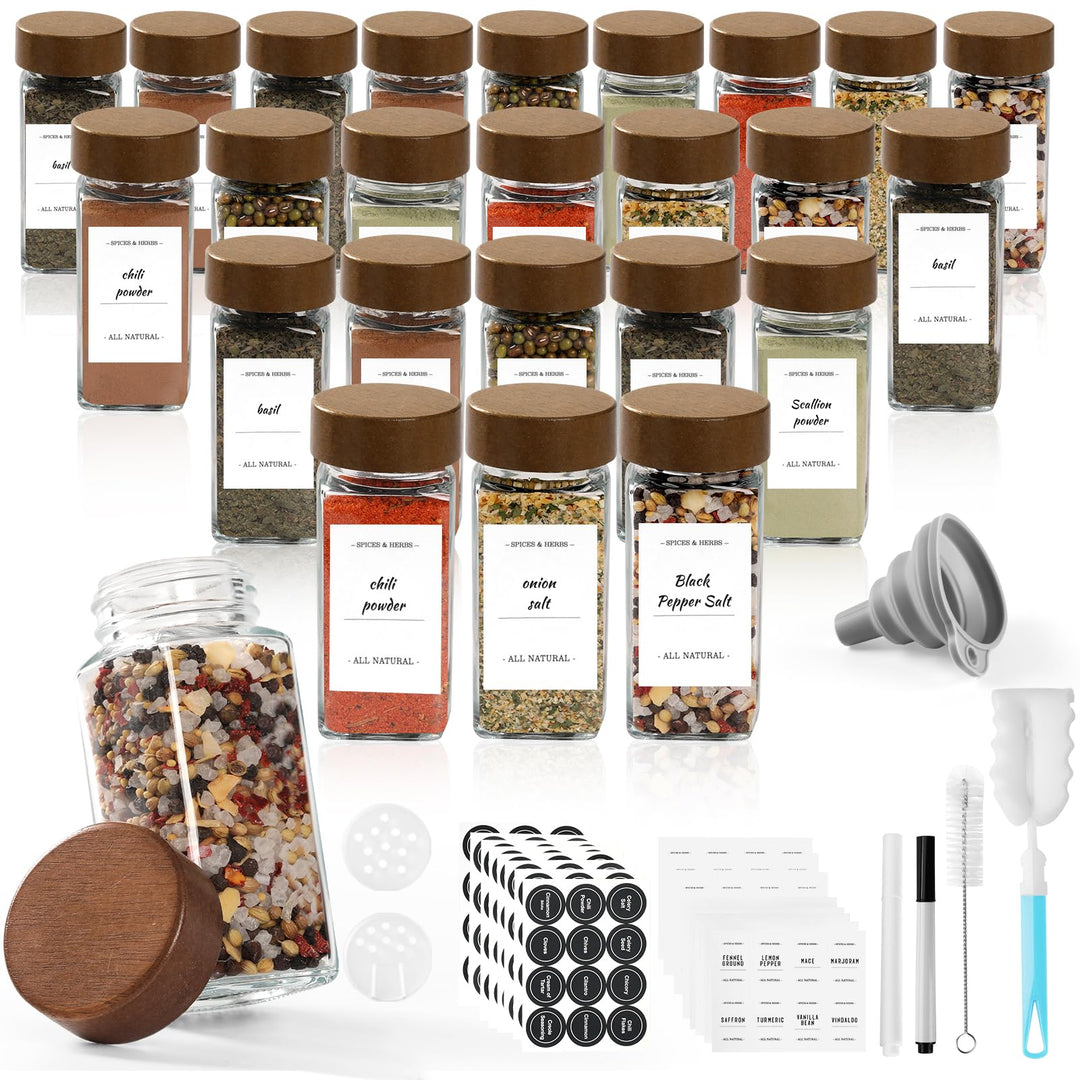 Gewürzgläser aus Glas und Holz, eckig, 24 × 120 ml Gewürzgläser-Set mit Akazienholzdeckel Aufbewahru