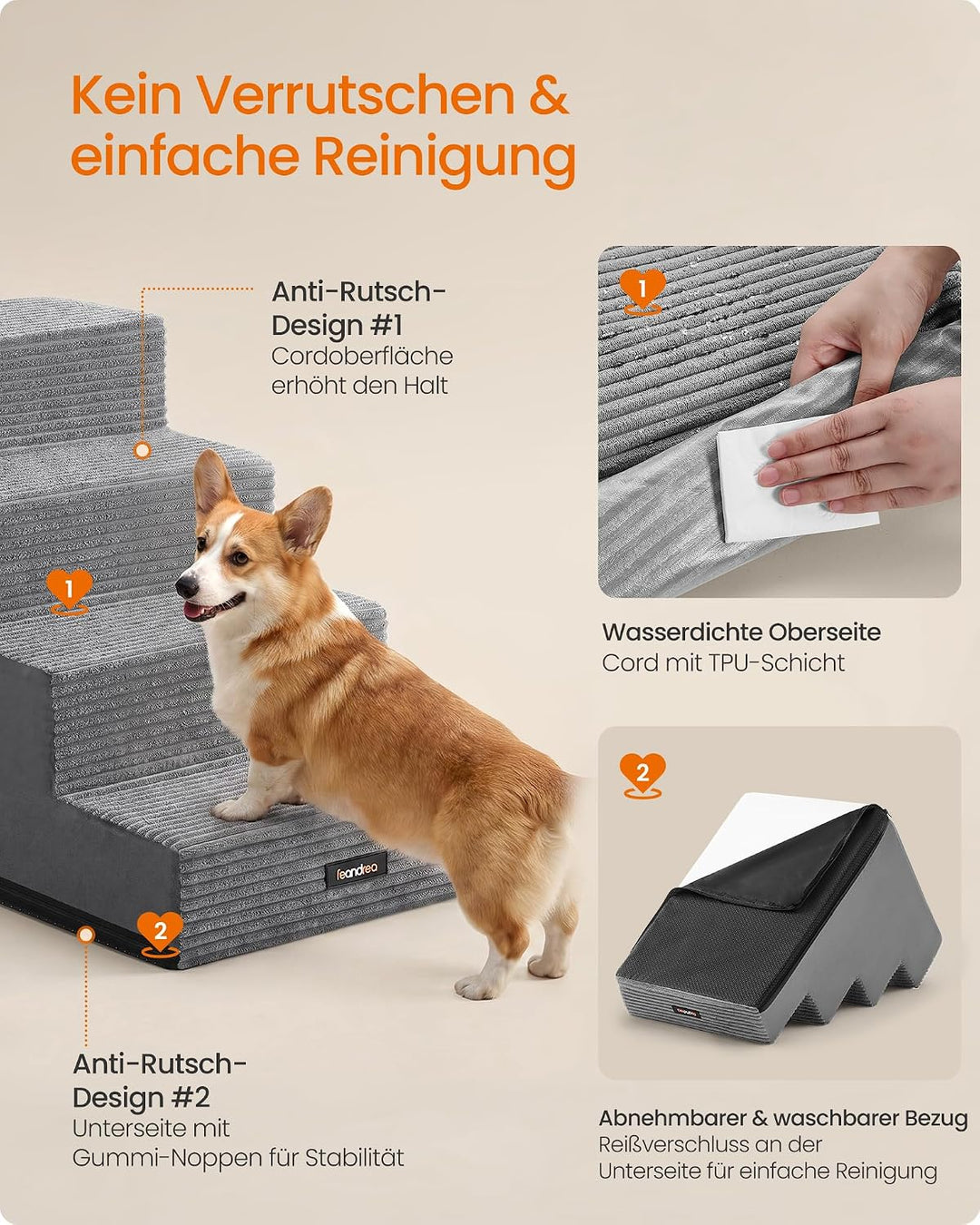 Feandrea Hundetreppe, 4 Stufen Katzentreppe aus Schaumstoff, Hunderampe für Kleine Hunde, 62 x 40 x
