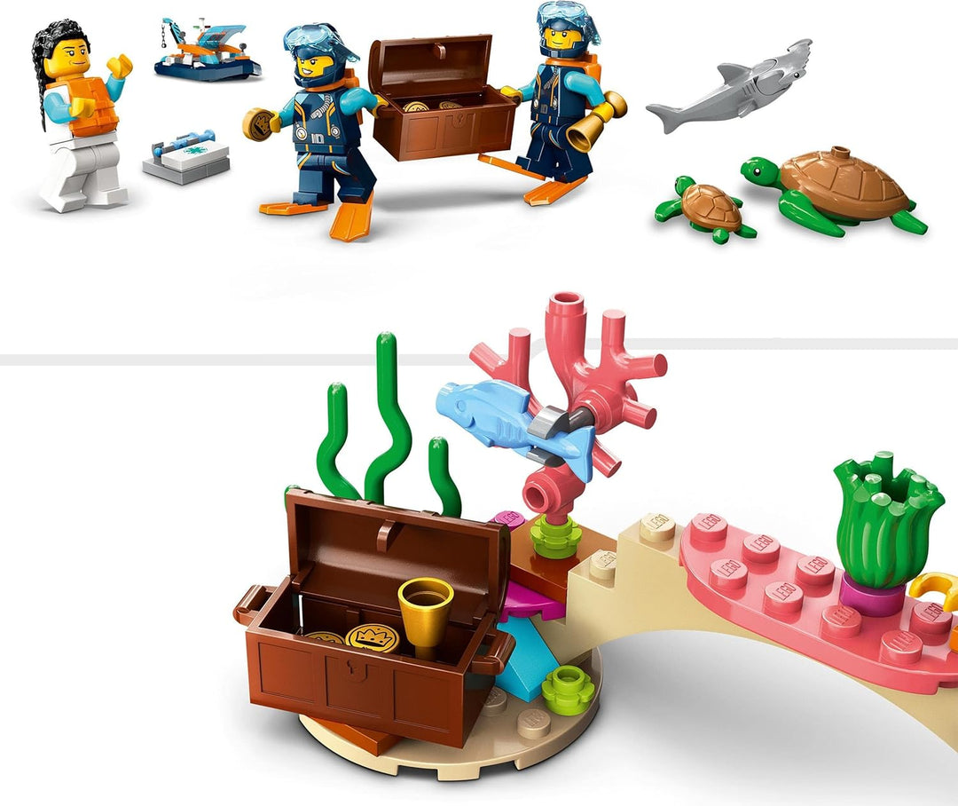 LEGO 60377 City Meeresforscher-Boot Spielzeug, Set enthält EIN Korallenriff, EIN U-Boot, 3 Minifigur