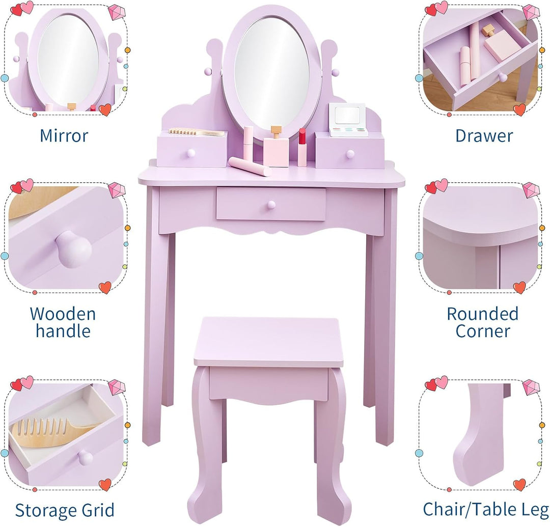 Garvee Prinzessin Schminktisch Set für Kinder aus Holz mit Spiegel & Hocker – Mit Schublade und Stuh
