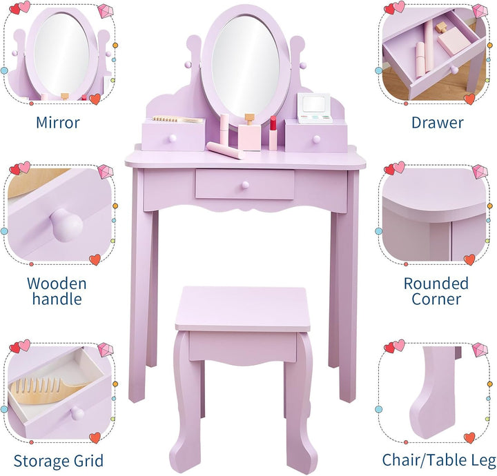 Garvee Prinzessin Schminktisch Set für Kinder aus Holz mit Spiegel & Hocker – Mit Schublade und Stuh