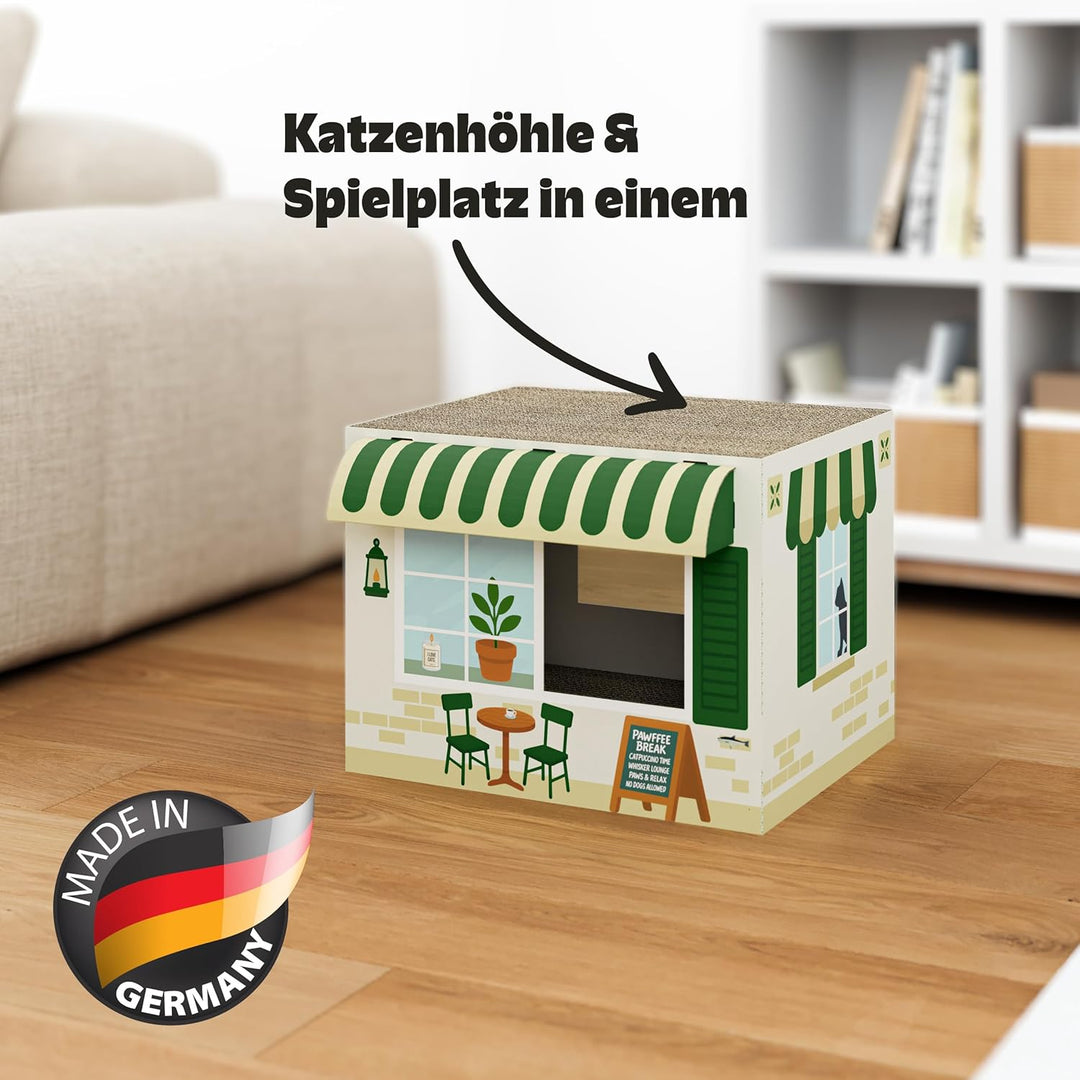 Cat's Palace Katzenhaus Coffeecat Café aus Pappe – Katzenhöhle mit Kratzbrett | Kratzmöbel & Rückzug
