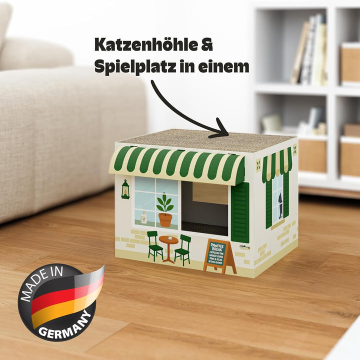 Cat's Palace Katzenhaus Coffeecat Café aus Pappe – Katzenhöhle mit Kratzbrett | Kratzmöbel & Rückzug