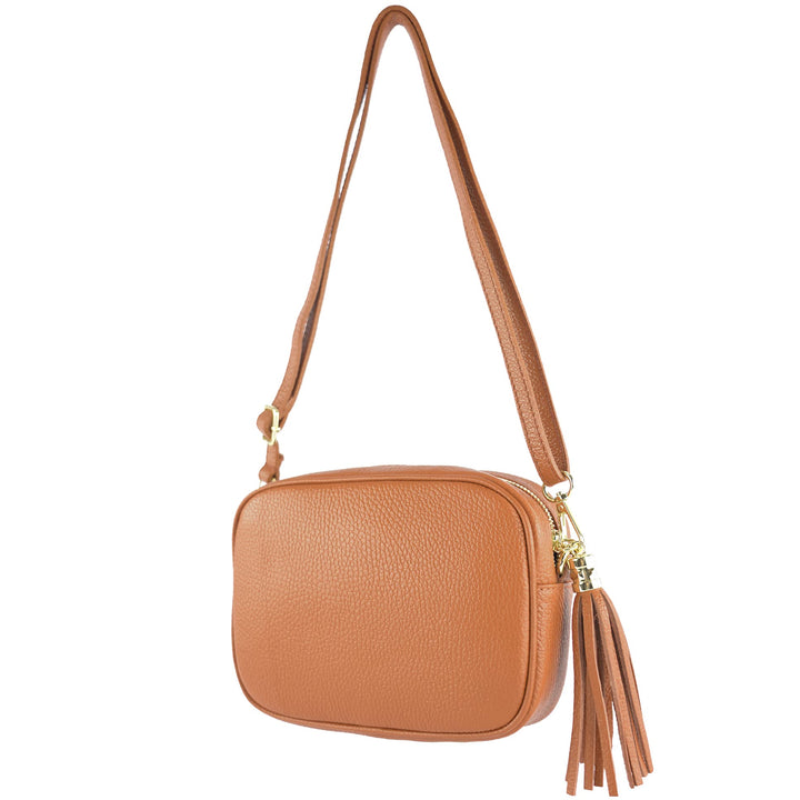 modamoda de - T240 - kleine Umhängetasche aus ital. Echtleder Cognac, Cognac