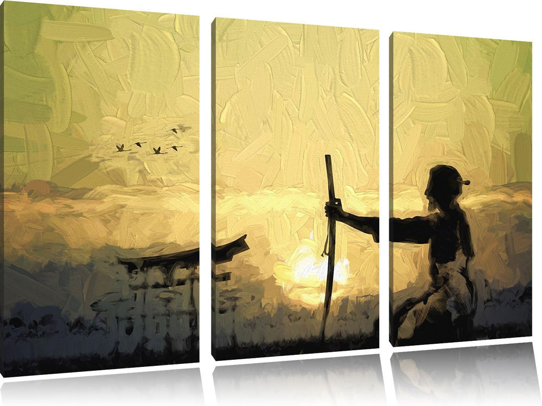 Pixxprint Samurai-Meister vor Horizont als Leinwandbild/Grösse: 3 Teilig (120x80 cm) cm/Wandbild/Kun