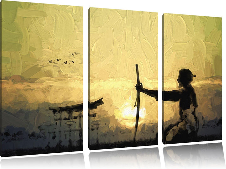 Pixxprint Samurai-Meister vor Horizont als Leinwandbild/Grösse: 3 Teilig (120x80 cm) cm/Wandbild/Kun