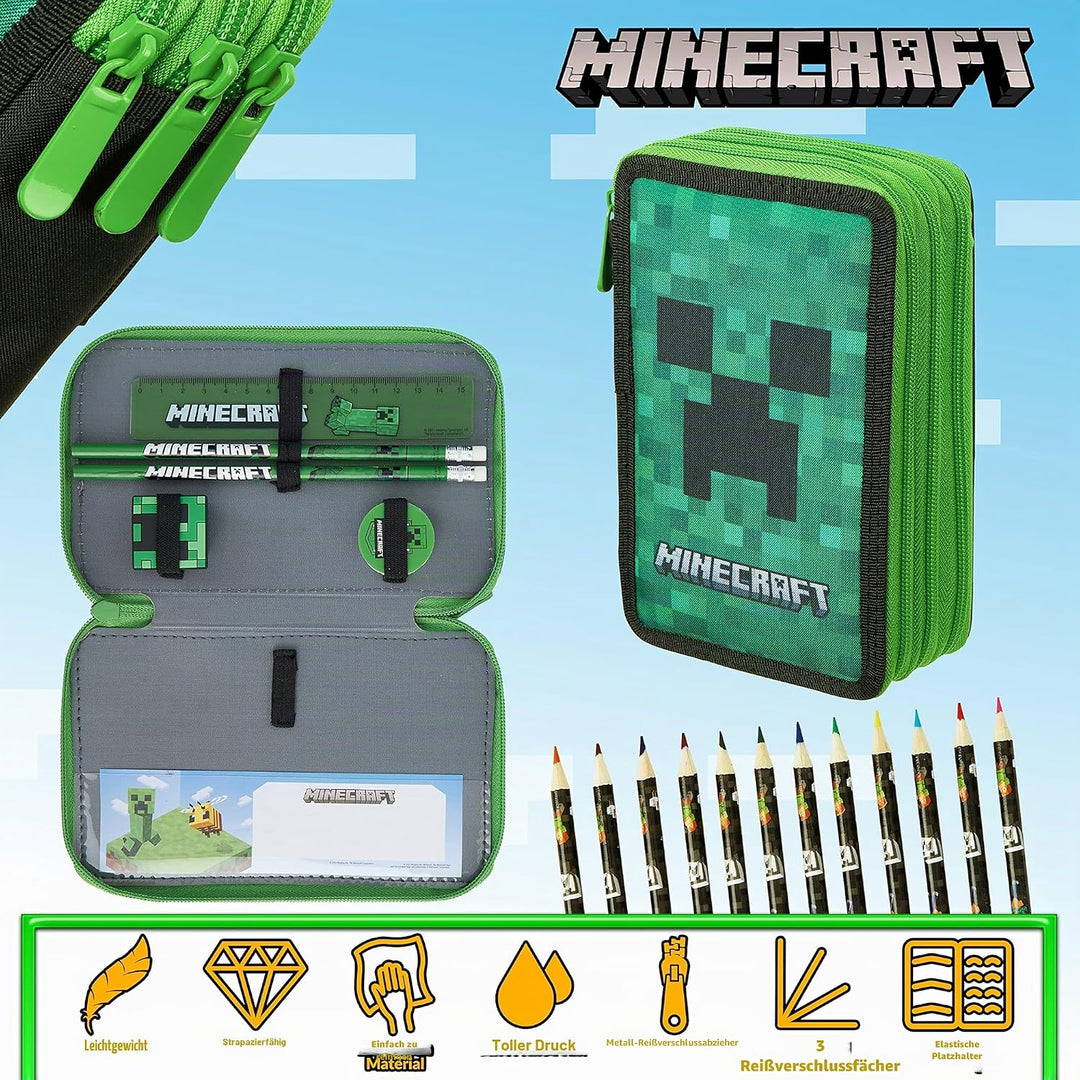 Minecraft Federmäppchen Jungen und Mädchen Mäppchen Gefüllt Creeper Federmappe mit Schreibwaren Game